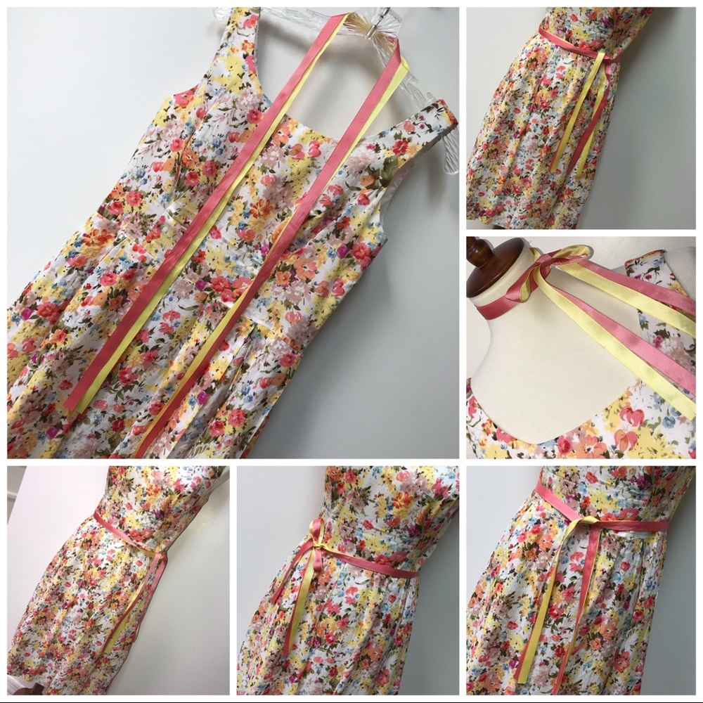 VINTAGE DRESS SIZE 8P COTTAGECORE FLORAL RETRO ORANGE YELLOW PINK TINY FLOWER…